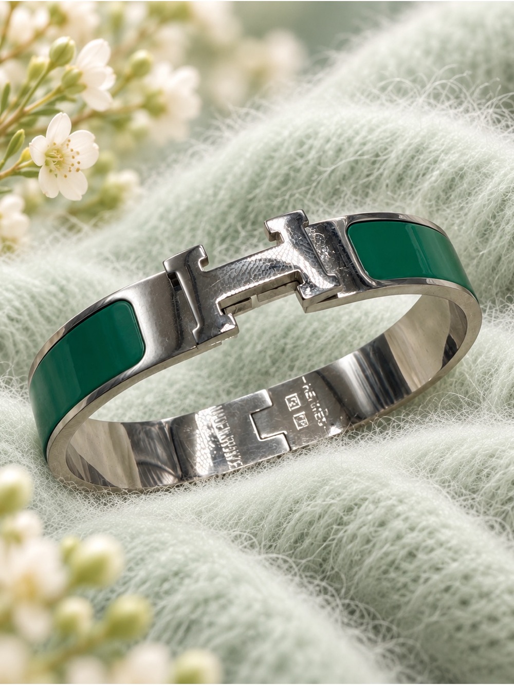 Silver Tone Green Enamel Stainless Steel Bangle Bracelet - Picture 1 of 7